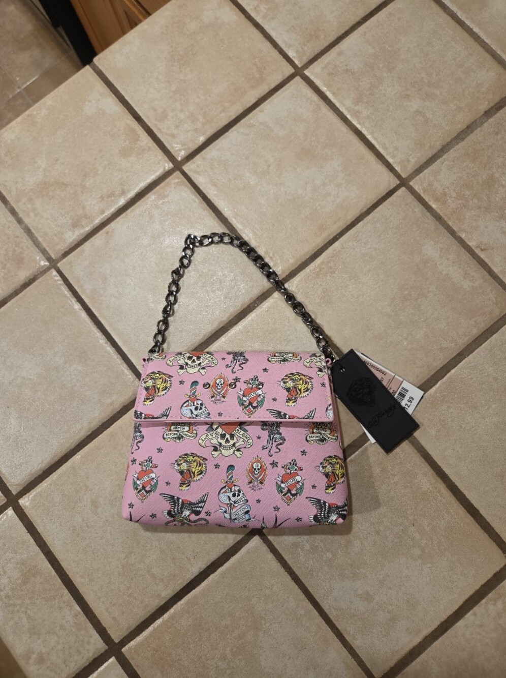 Ed Hardy Pink Tattoo Print Shoulder Bag with Chain Strap